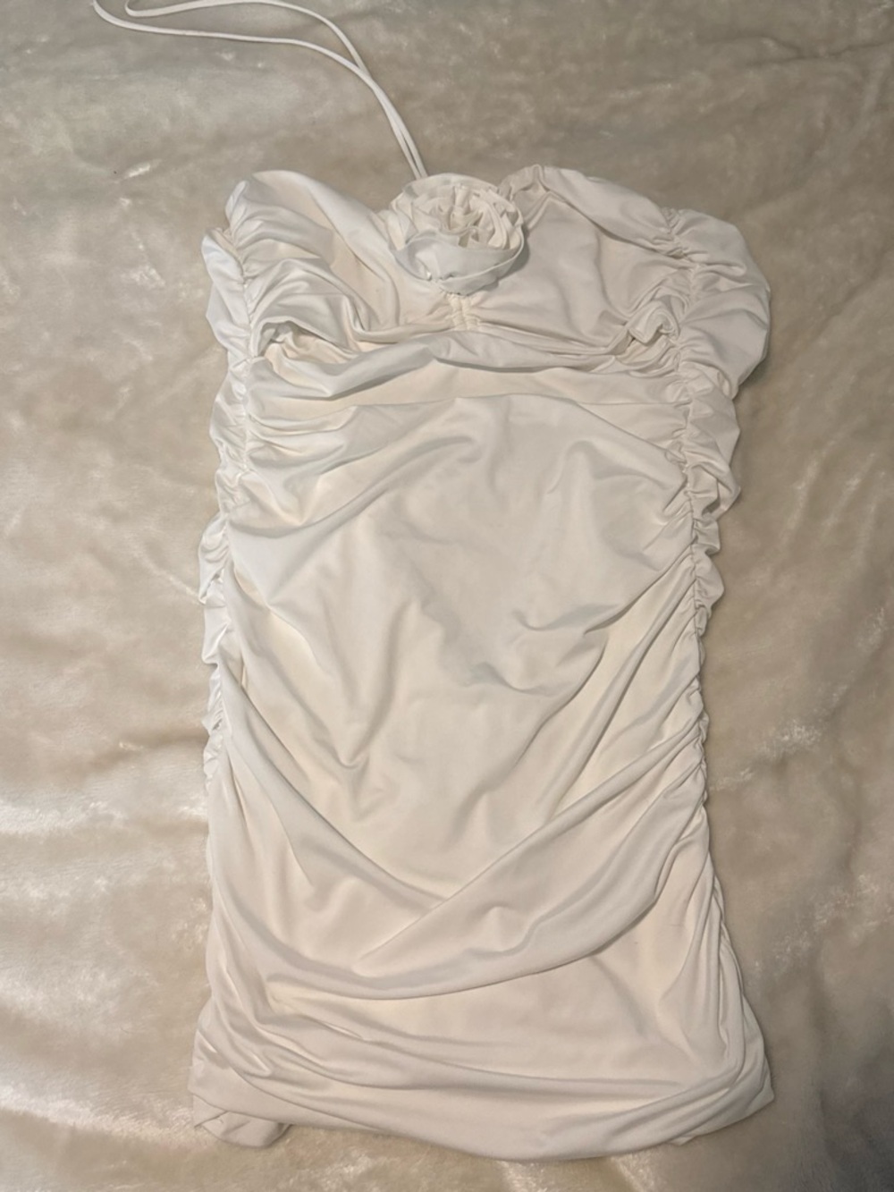 White Ruched Halter Mini Dress with Rosette Detail